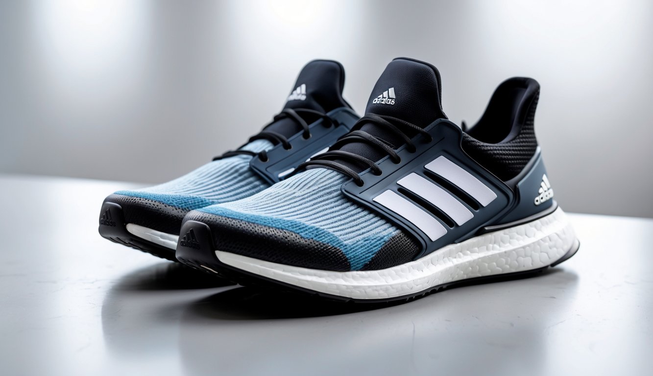 Sepasang sepatu olahraga Adidas yang keren diletakkan di atas permukaan bersih dengan latar belakang buram.