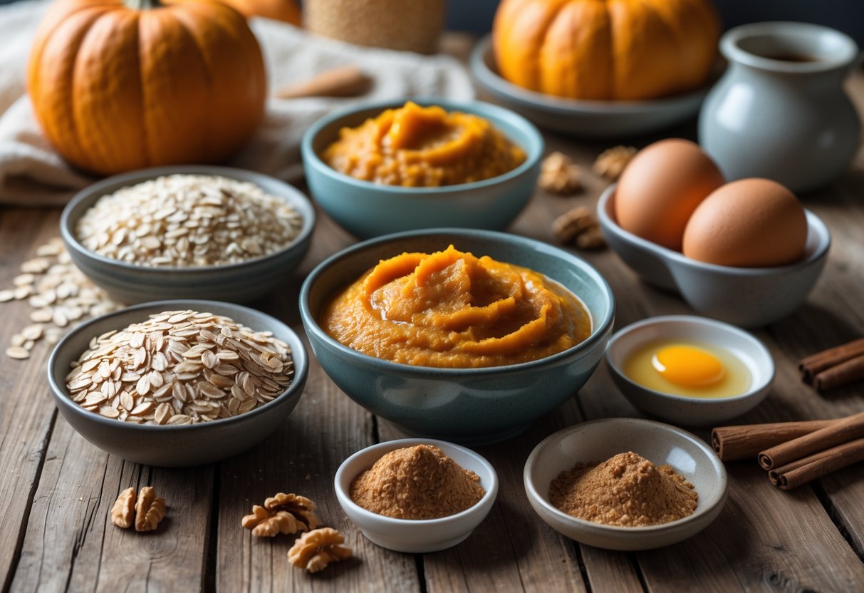 A wooden surface with bowls of rolled oats, pumpkin puree, almond flour, cinnamon, eggs, walnuts, and natural sweetener arranged as ingredients for pumpkin oatmeal cookies.