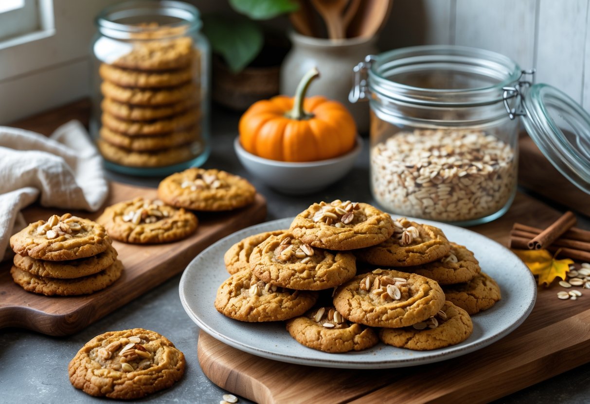 A plate of low-sugar pumpkin oatmeal cookies on a wooden countertop with a glass jar and airtight container nearby, surrounded by kitchen items like pumpkin puree and oats.