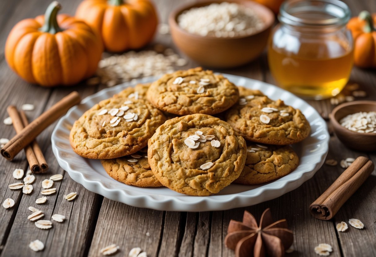 A plate of pumpkin oatmeal cookies on a wooden table with pumpkins, cinnamon sticks, oats, and honey nearby.