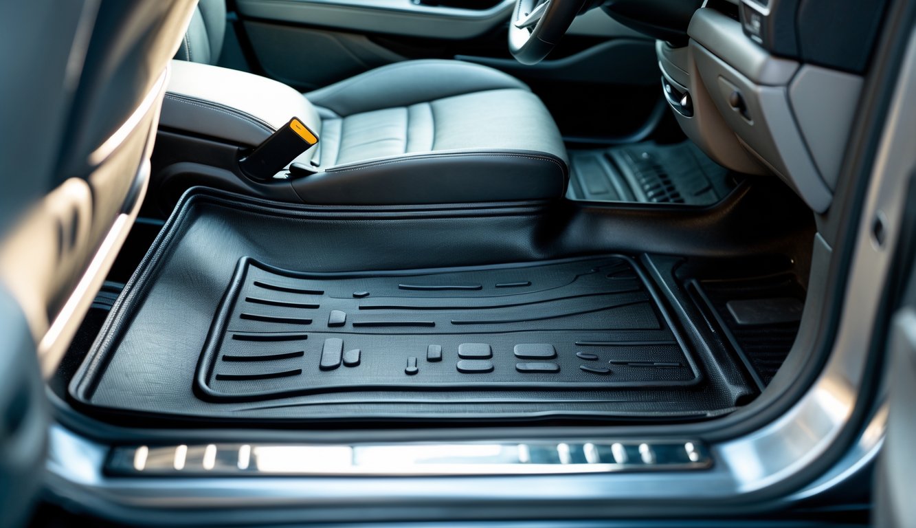 Karpet mobil tahan air yang terpasang di dalam interior mobil modern.