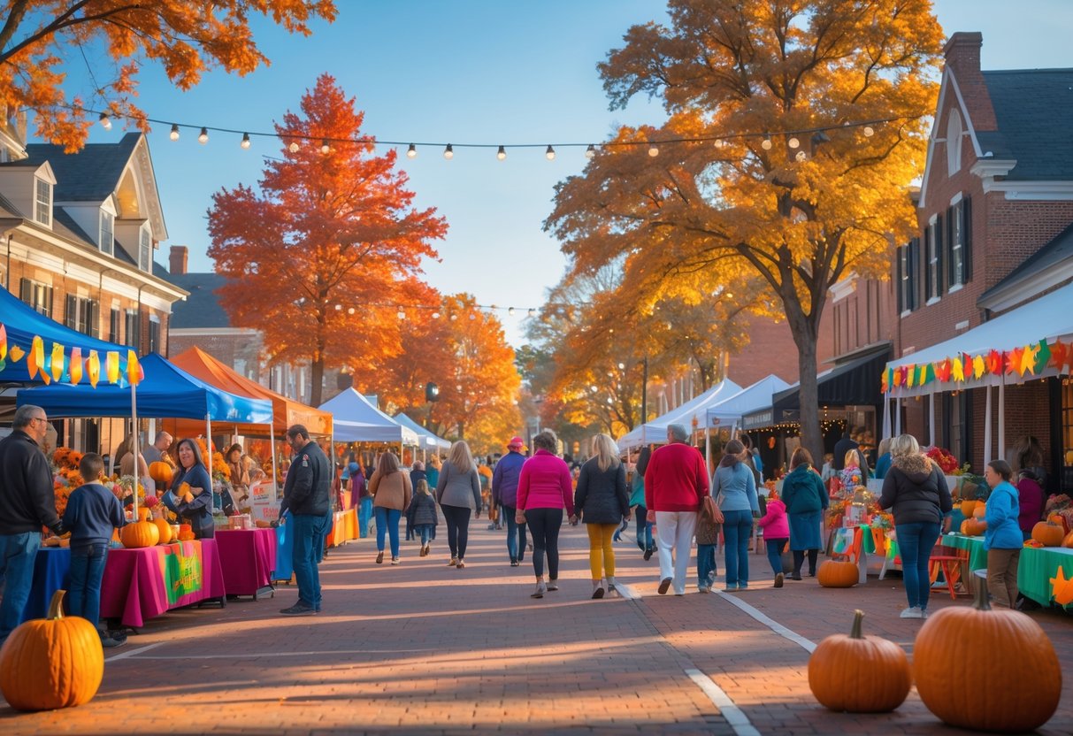 People enjoying an outdoor autumn community event in Oxford, Mississippi with colorful fall trees, craft stalls, and families walking along a street.
