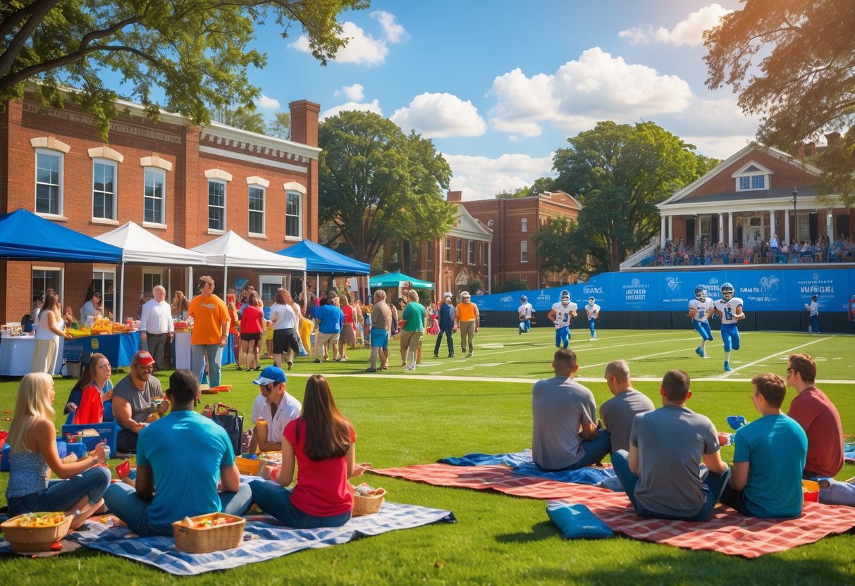 People enjoying a sunny outdoor festival and sports event in a town park with athletes playing and spectators watching.