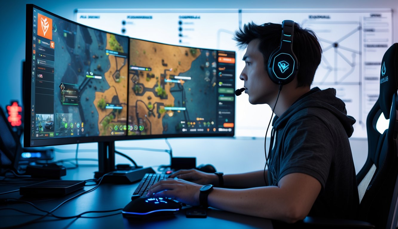 Seorang pemain muda fokus bermain Valorant di depan monitor besar dengan setup gaming yang modern dan papan strategi di belakangnya.
