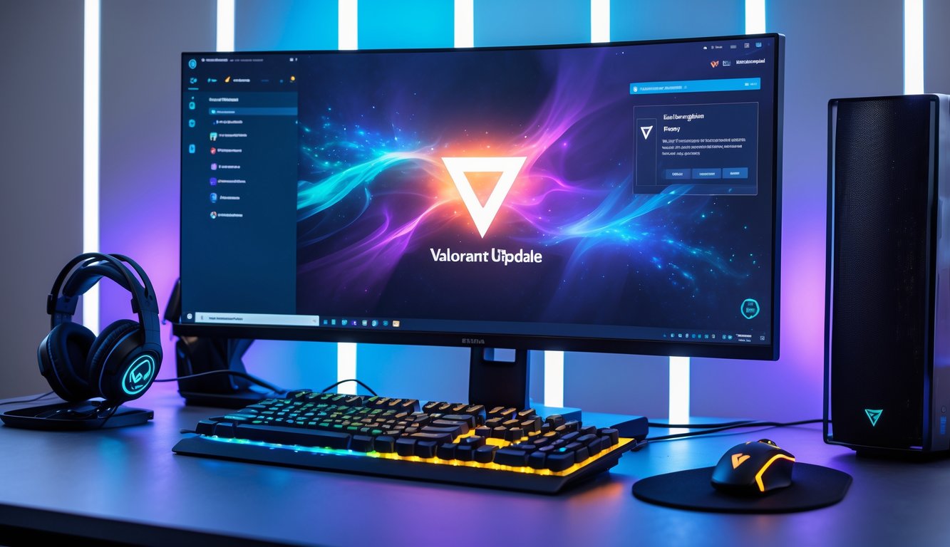 Sebuah meja komputer dengan layar menampilkan tampilan permainan Valorant terbaru dan perlengkapan gaming di sekitarnya.