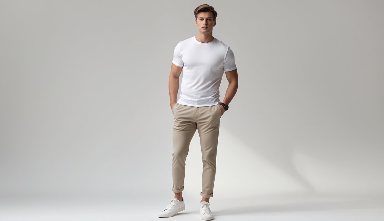 Seorang pria muda berdiri dengan pakaian sederhana di latar belakang polos.