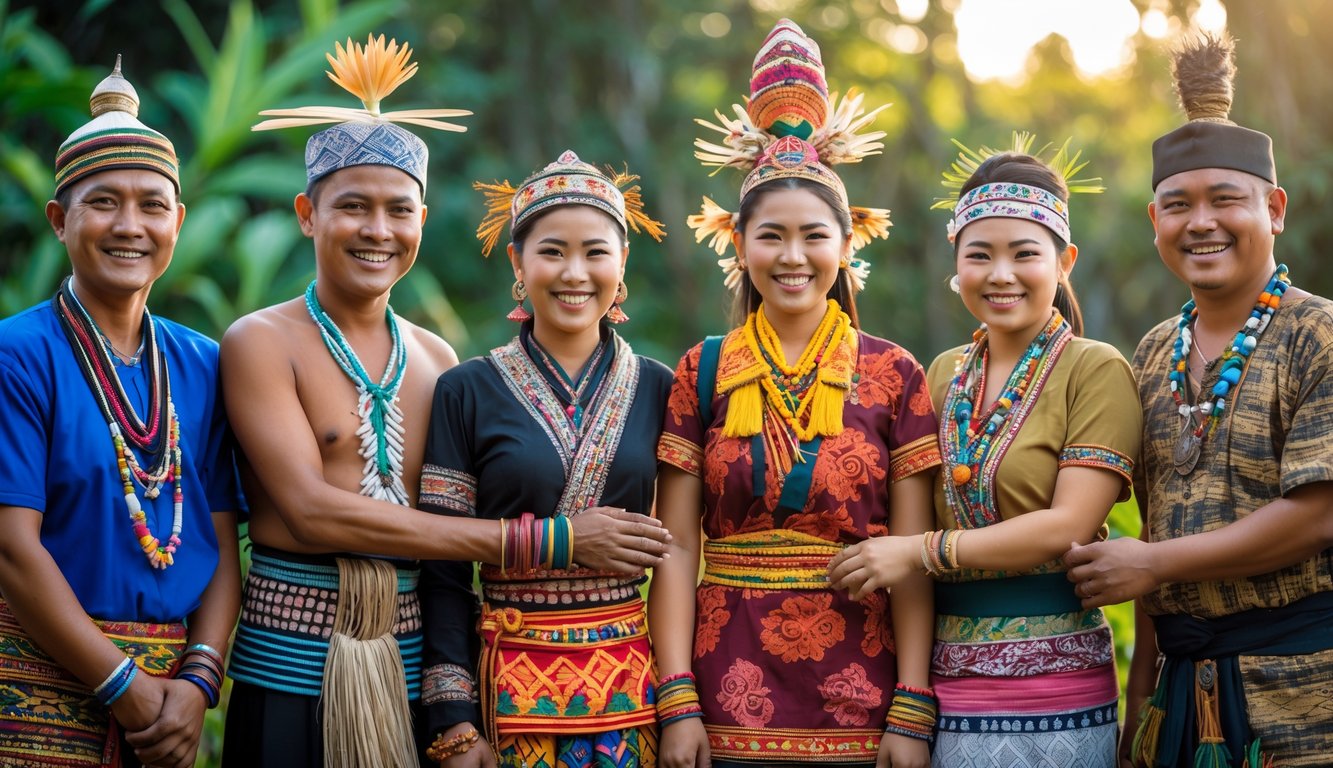 Sekelompok orang dari berbagai suku bangsa Indonesia mengenakan pakaian tradisional berwarna-warni berdiri bersama di luar ruangan dengan latar belakang alam hijau.