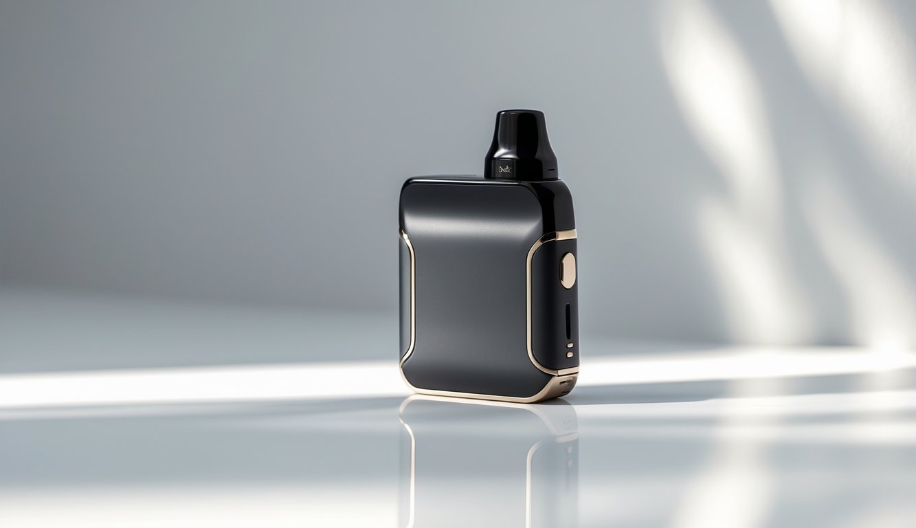 Sebuah sistem vape pod modern berwarna hitam diletakkan di atas permukaan putih yang bersih dengan latar belakang abu-abu samar.