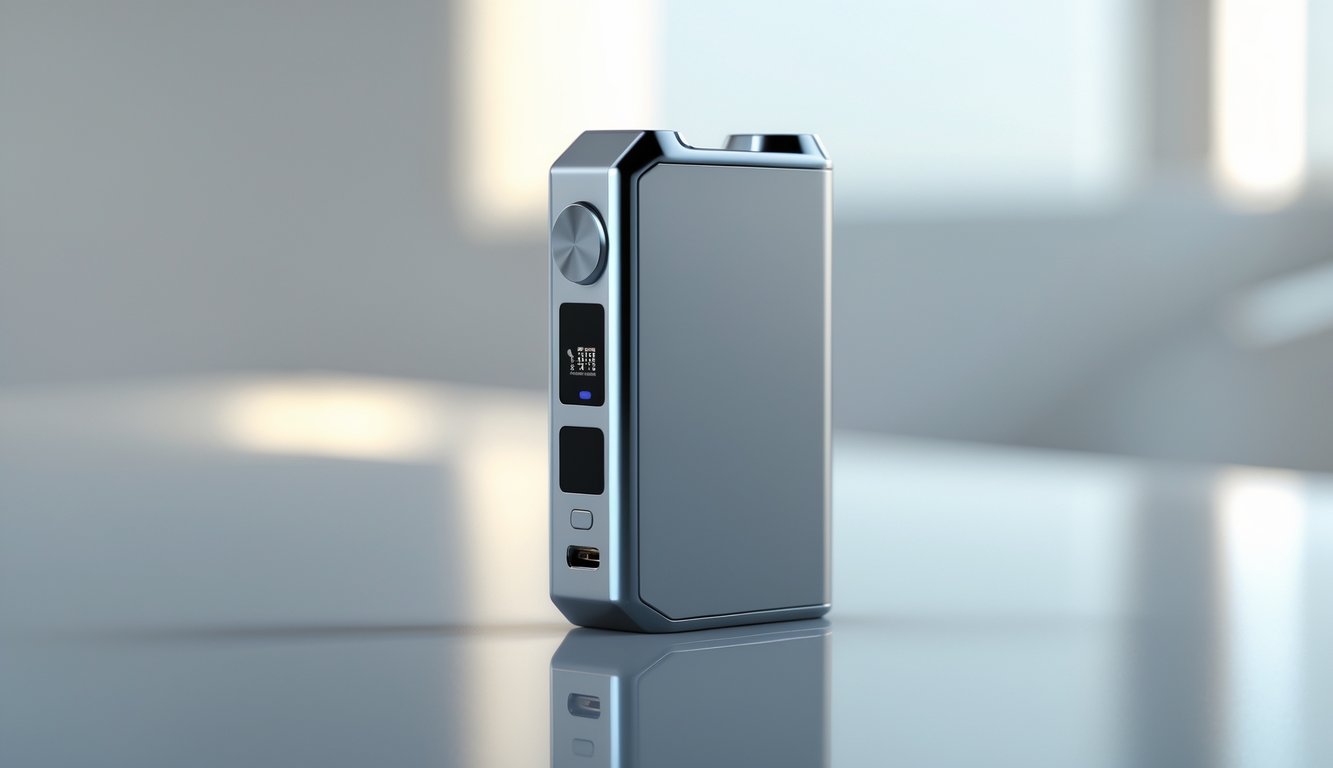 Sebuah vape mod box modern diletakkan di atas permukaan yang bersih dengan latar belakang buram.