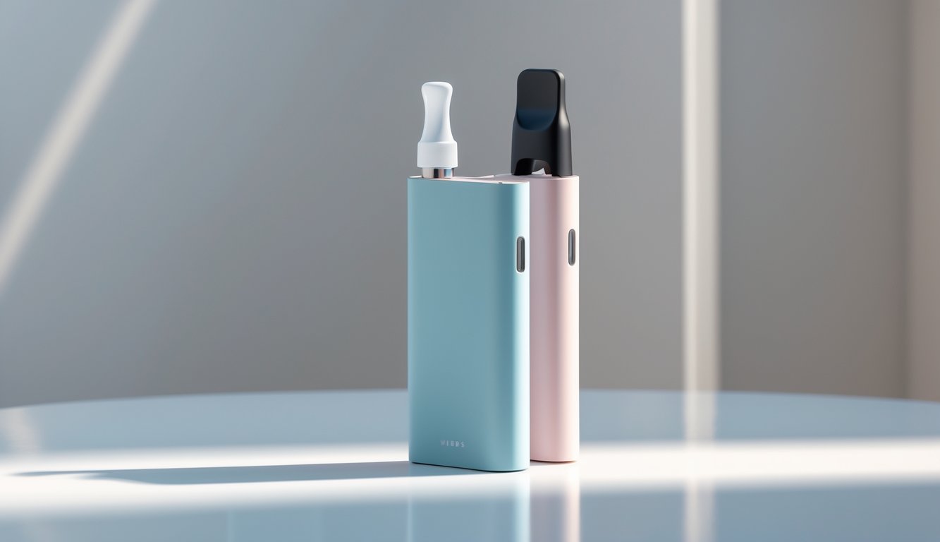 Sebuah perangkat vape sekali pakai berwarna pastel diletakkan di atas permukaan putih yang bersih dengan latar belakang minimalis.