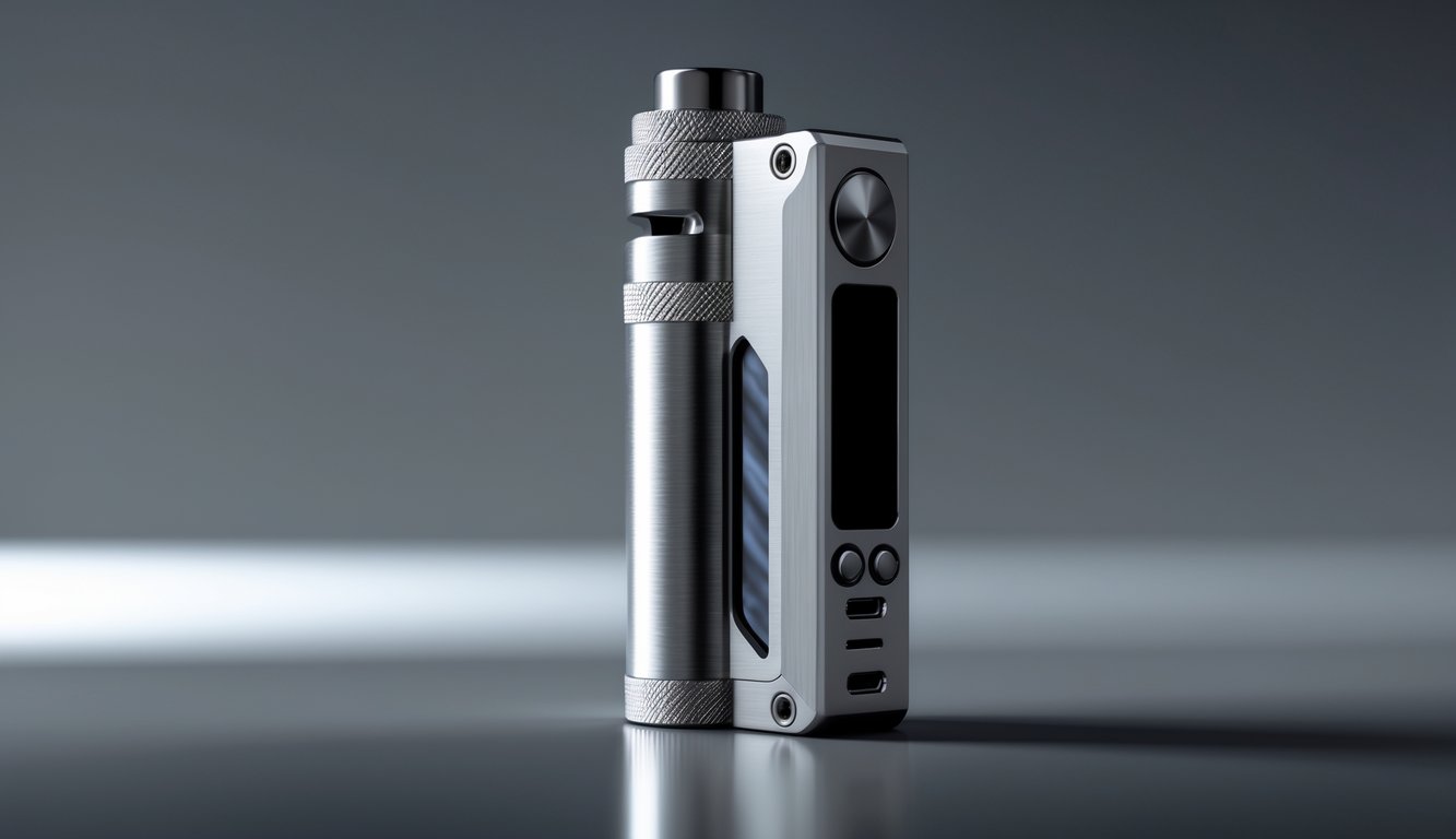 Perangkat vape mechanical mod berdiri di atas permukaan reflektif dengan latar belakang gelap.