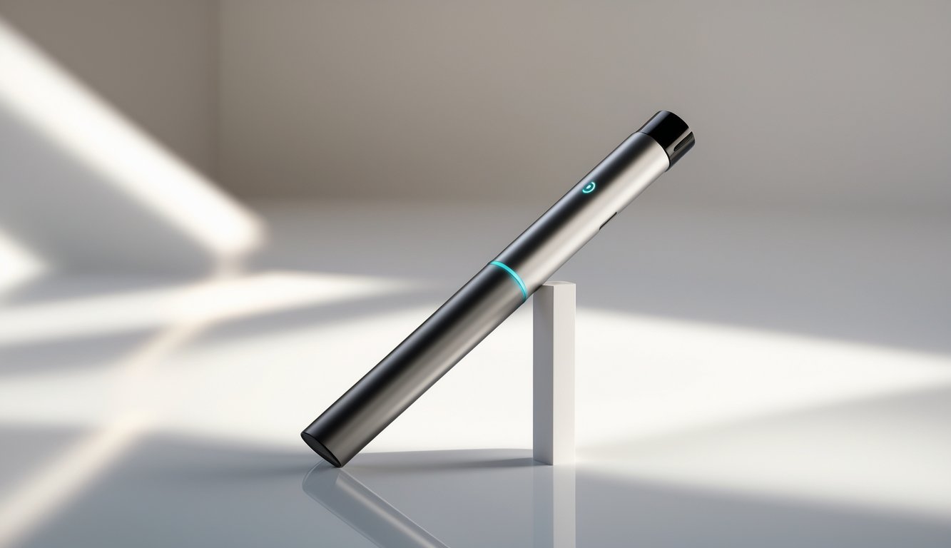 Sebuah vape pen stick modern diletakkan di atas permukaan putih yang bersih dan reflektif.