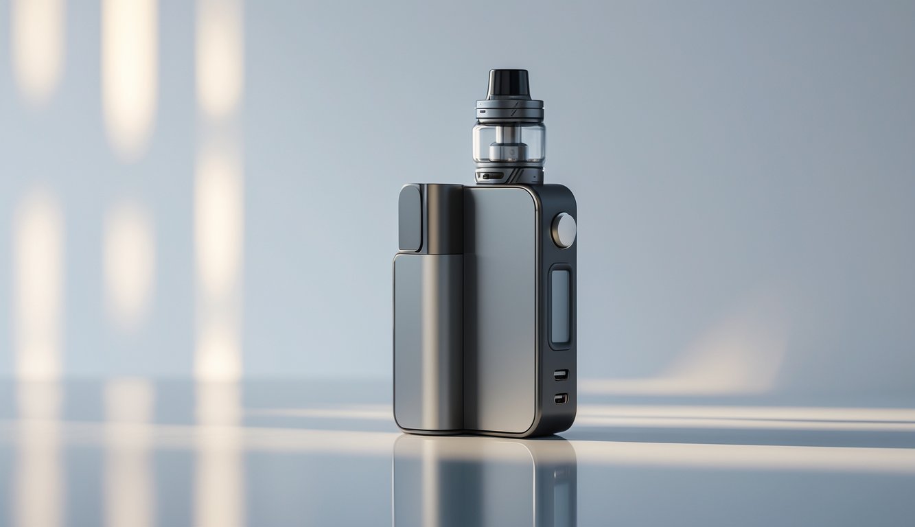 Sebuah perangkat vape all-in-one modern diletakkan di atas permukaan reflektif dengan latar belakang polos.