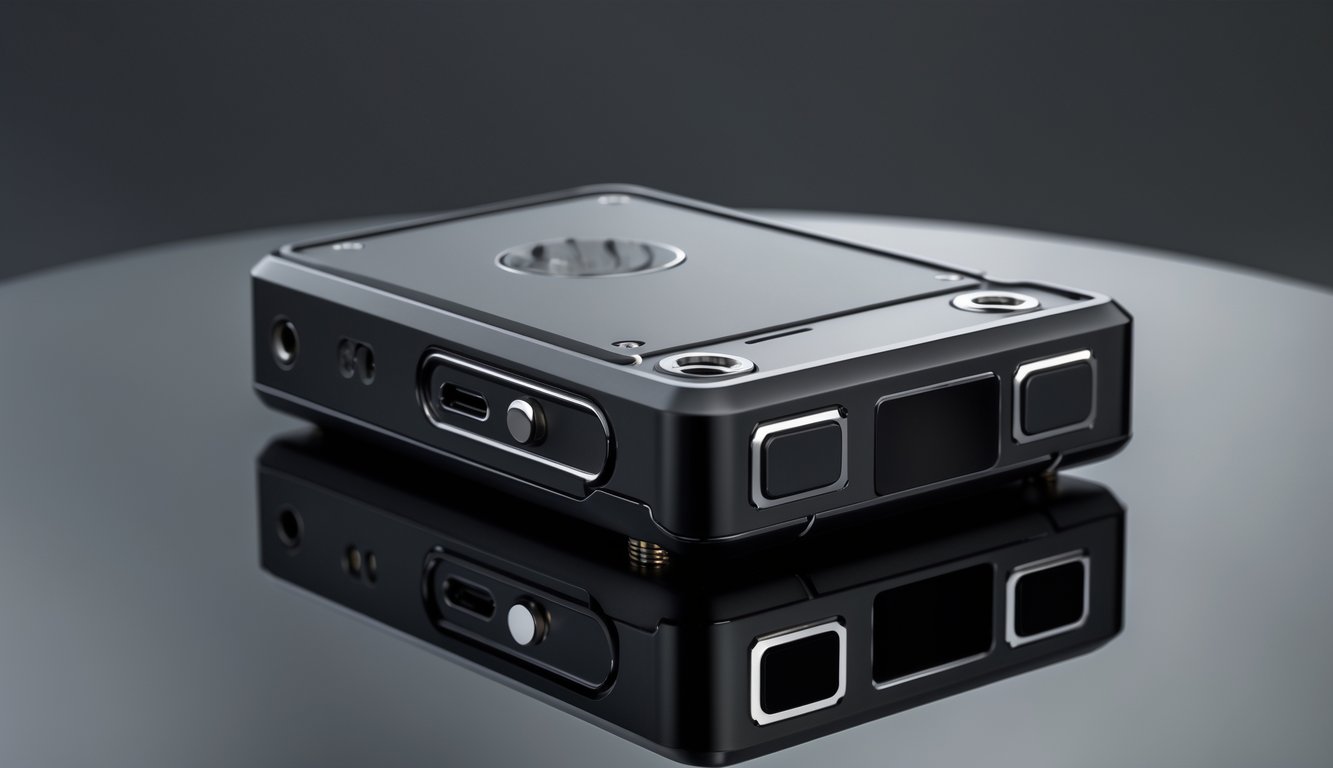 Sebuah perangkat vape squonk mod hitam yang modern diletakkan di atas permukaan hitam mengkilap dengan latar belakang gelap.