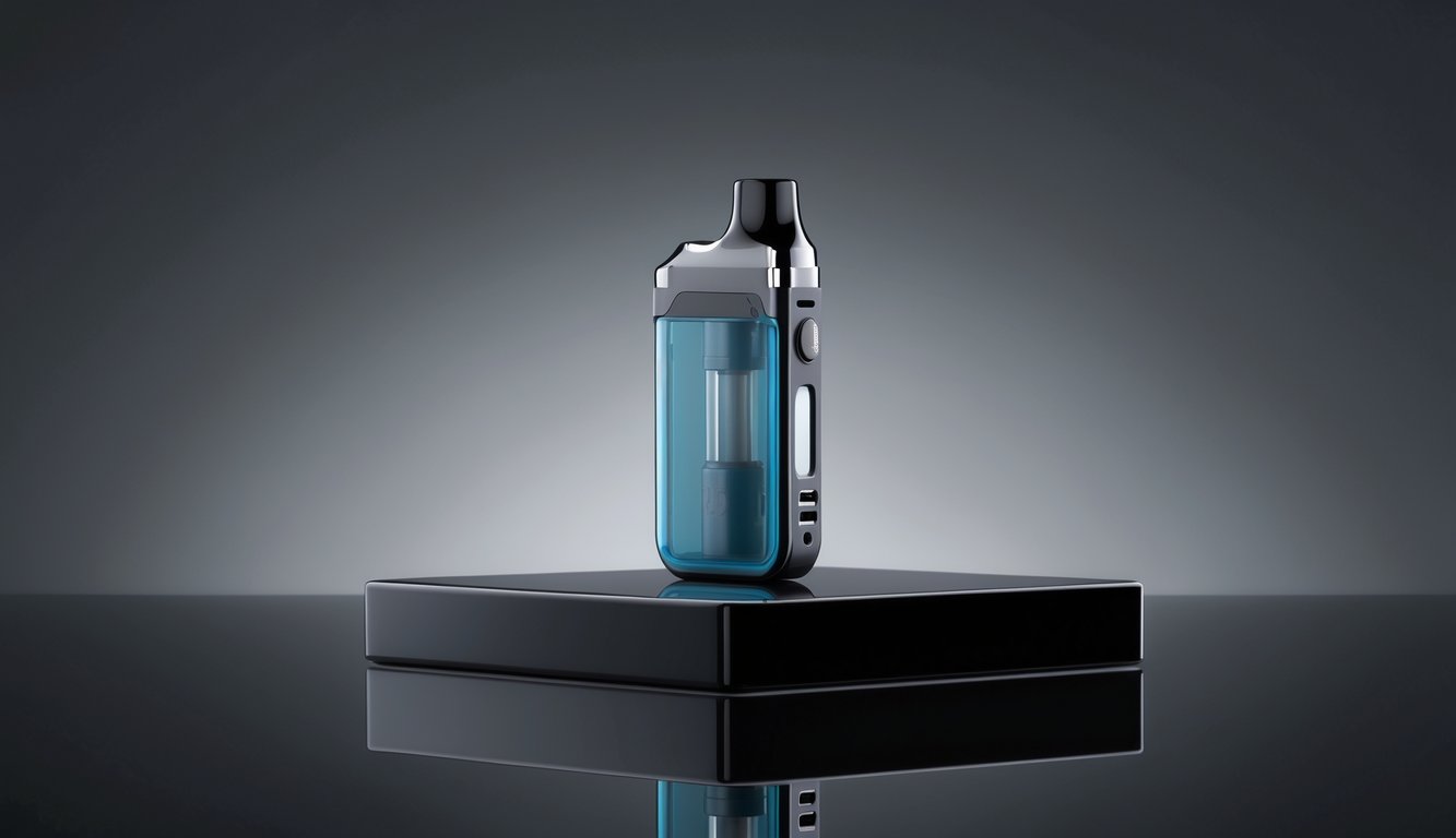 Perangkat vape pod mod hybrid modern ditempatkan di permukaan hitam yang memantulkan cahaya.