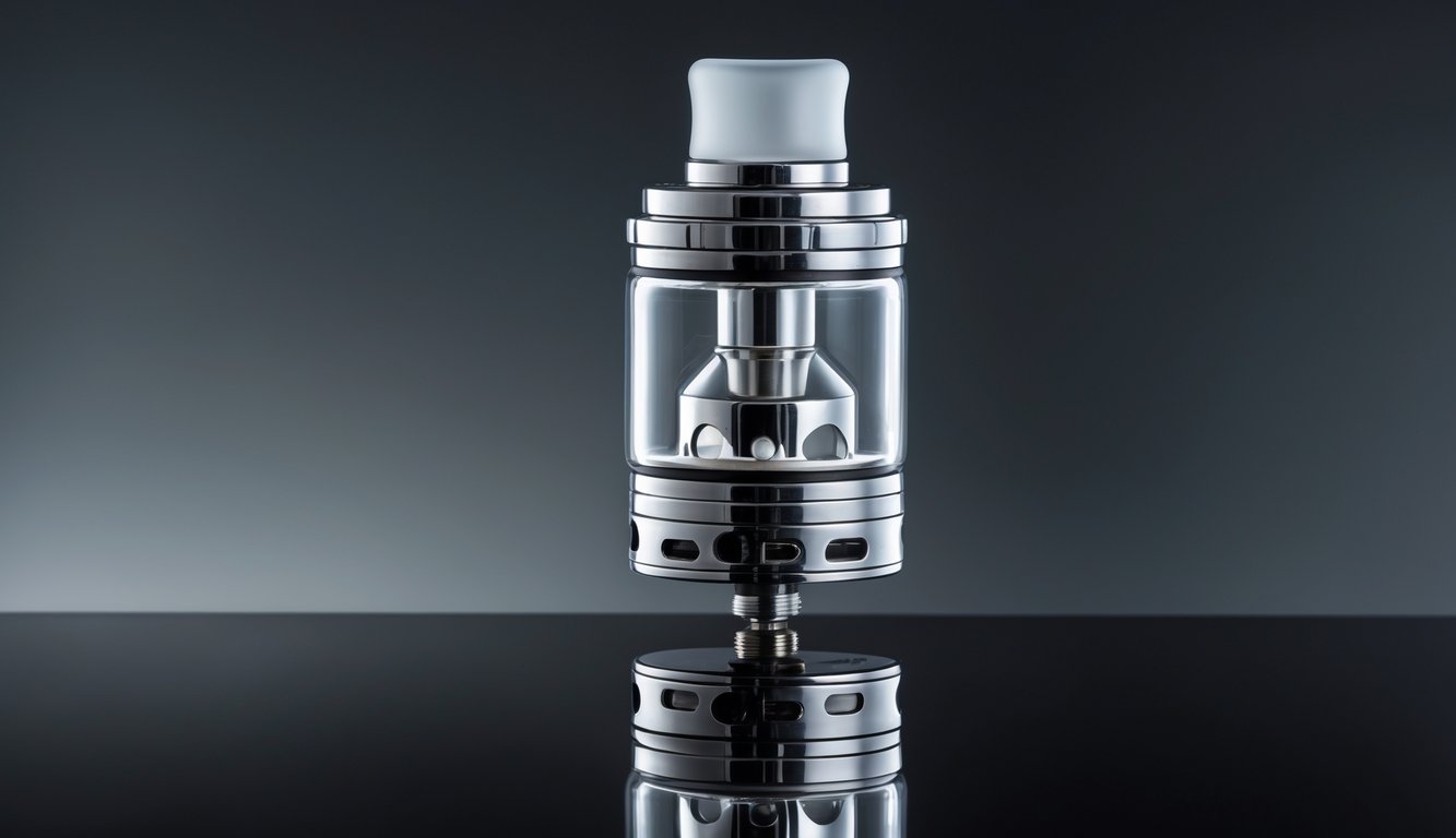 Sebuah tangki vape sub-ohm yang modern dan detail diletakkan di atas permukaan hitam yang memantulkan bayangan.