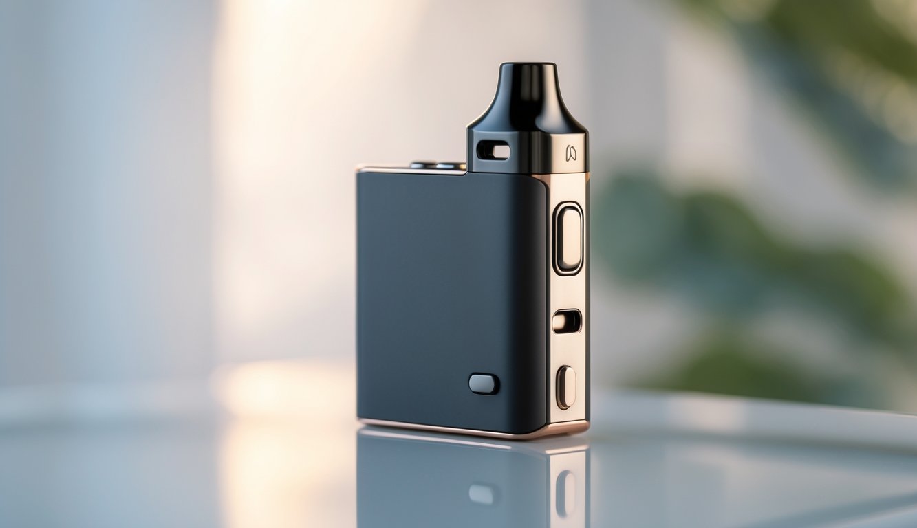 Perangkat vape Mouth to Lung (MTL) berwarna hitam dengan desain modern diletakkan di atas permukaan reflektif dengan latar belakang minimalis.