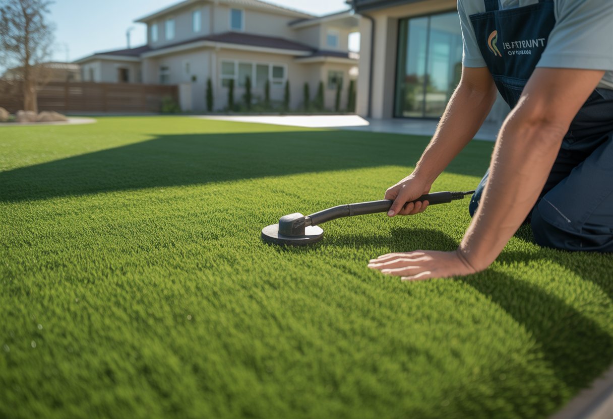 A clean, green artificial turf lawn with a worker inspecting it in front of a modern house.