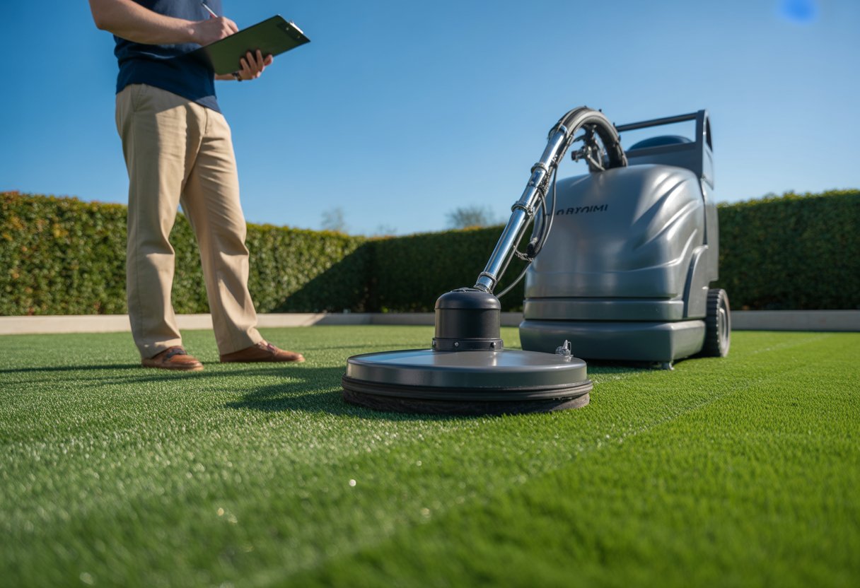 Person inspecting a clean artificial turf lawn with a images turf cleaning service machine nearby in a landscaped garden.