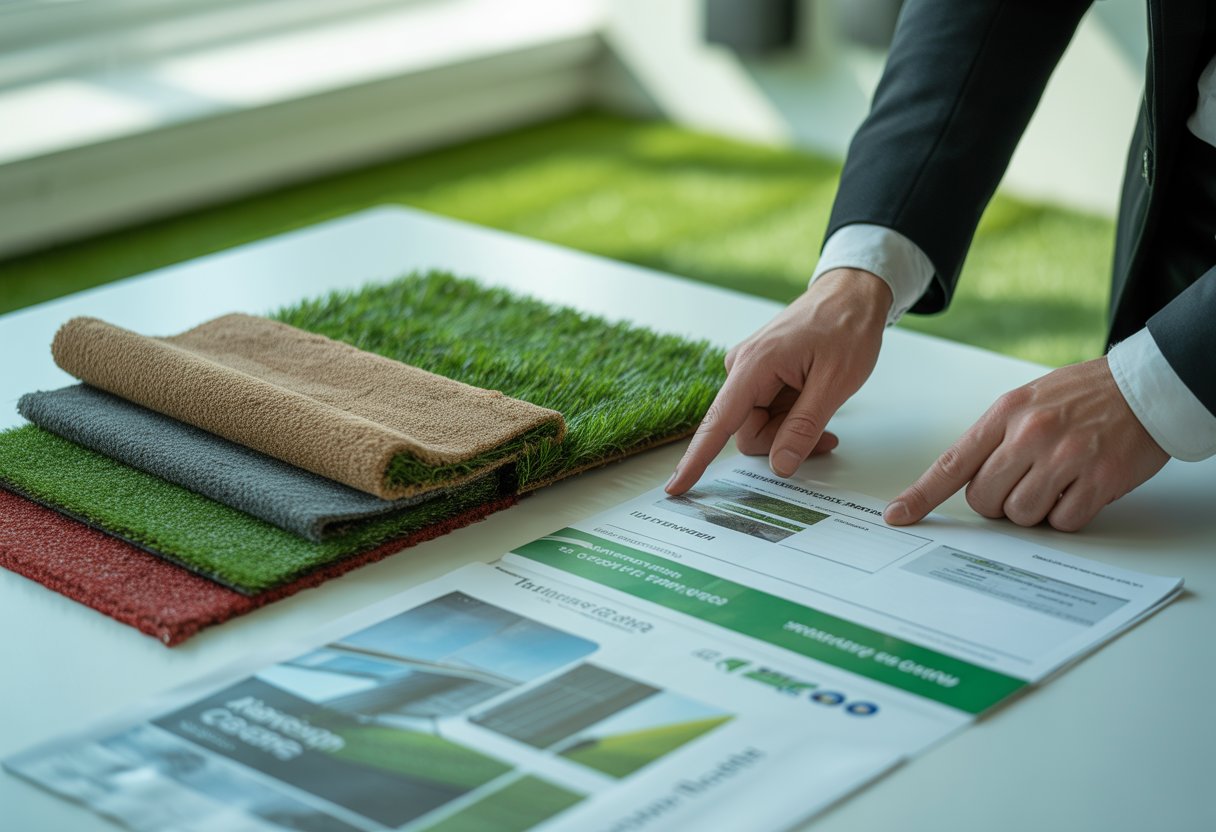 Person comparing artificial turf samples and warranty documents on a table with artificial grass visible in the background.