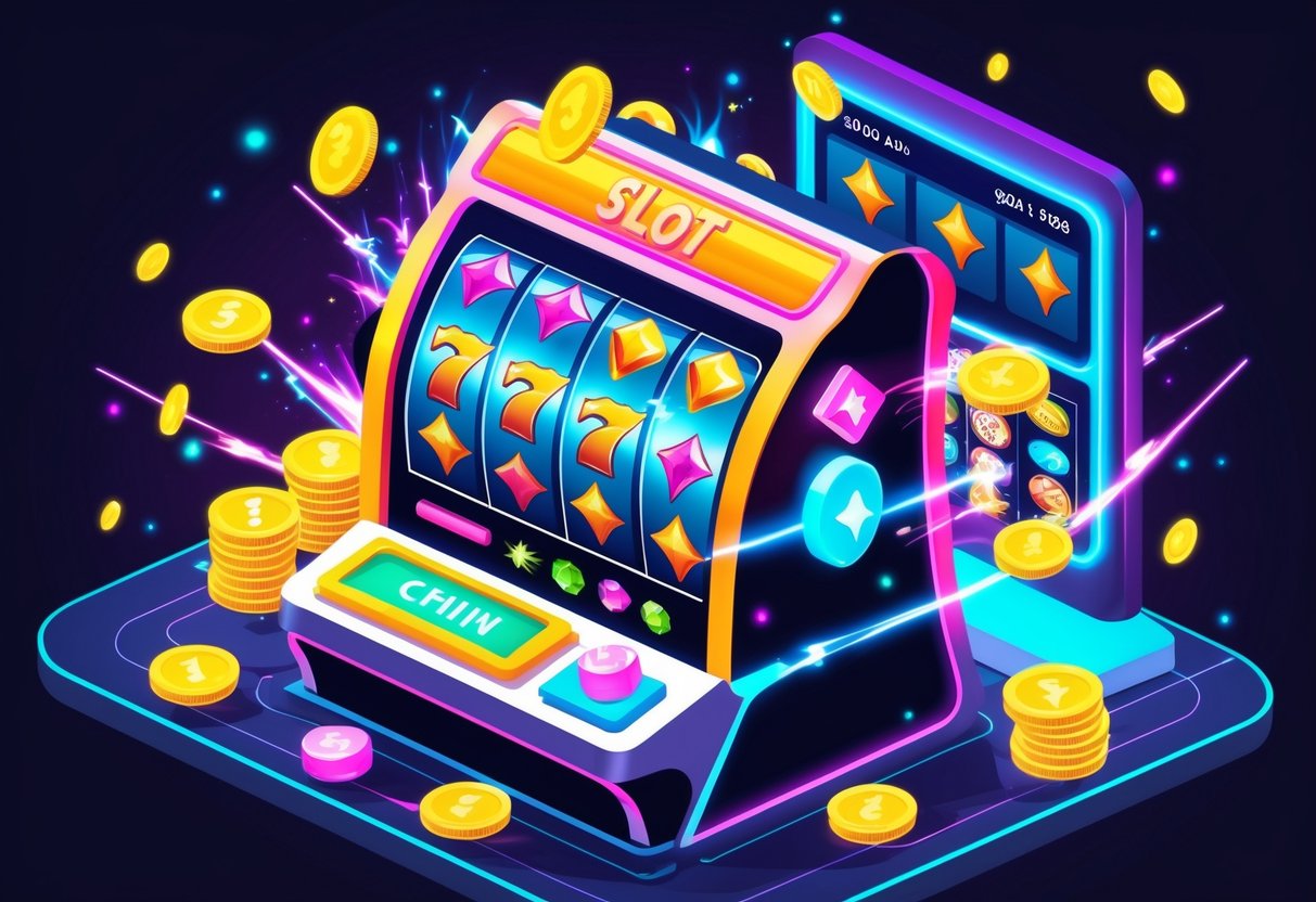 Ilustrasi mesin slot berwarna cerah dengan koin dan simbol keberuntungan yang berjatuhan di lingkungan kasino futuristik yang penuh cahaya dan energi.