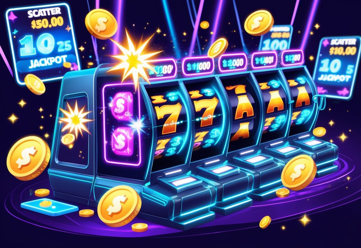 Suasana kasino futuristik dengan mesin slot yang menampilkan simbol scatter beruntun dan koin yang berjatuhan, menunjukkan kemenangan berturut-turut.