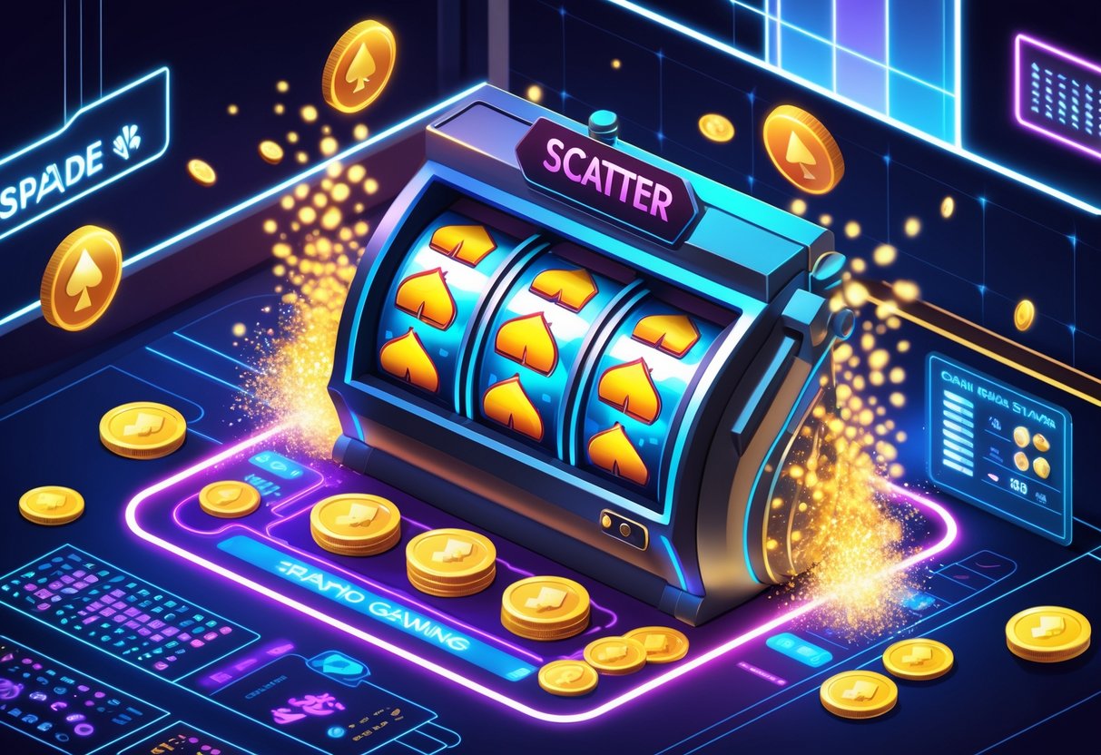 Ilustrasi mesin slot modern dengan simbol scatter yang bersinar dan koin berjatuhan di dalam ruangan kasino futuristik.