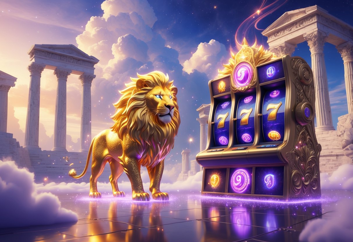 Pemandangan dua makhluk mitos yang kuat di depan kuil megah dengan pilar marmer, dikelilingi awan bercahaya dan simbol keberuntungan yang mengambang.