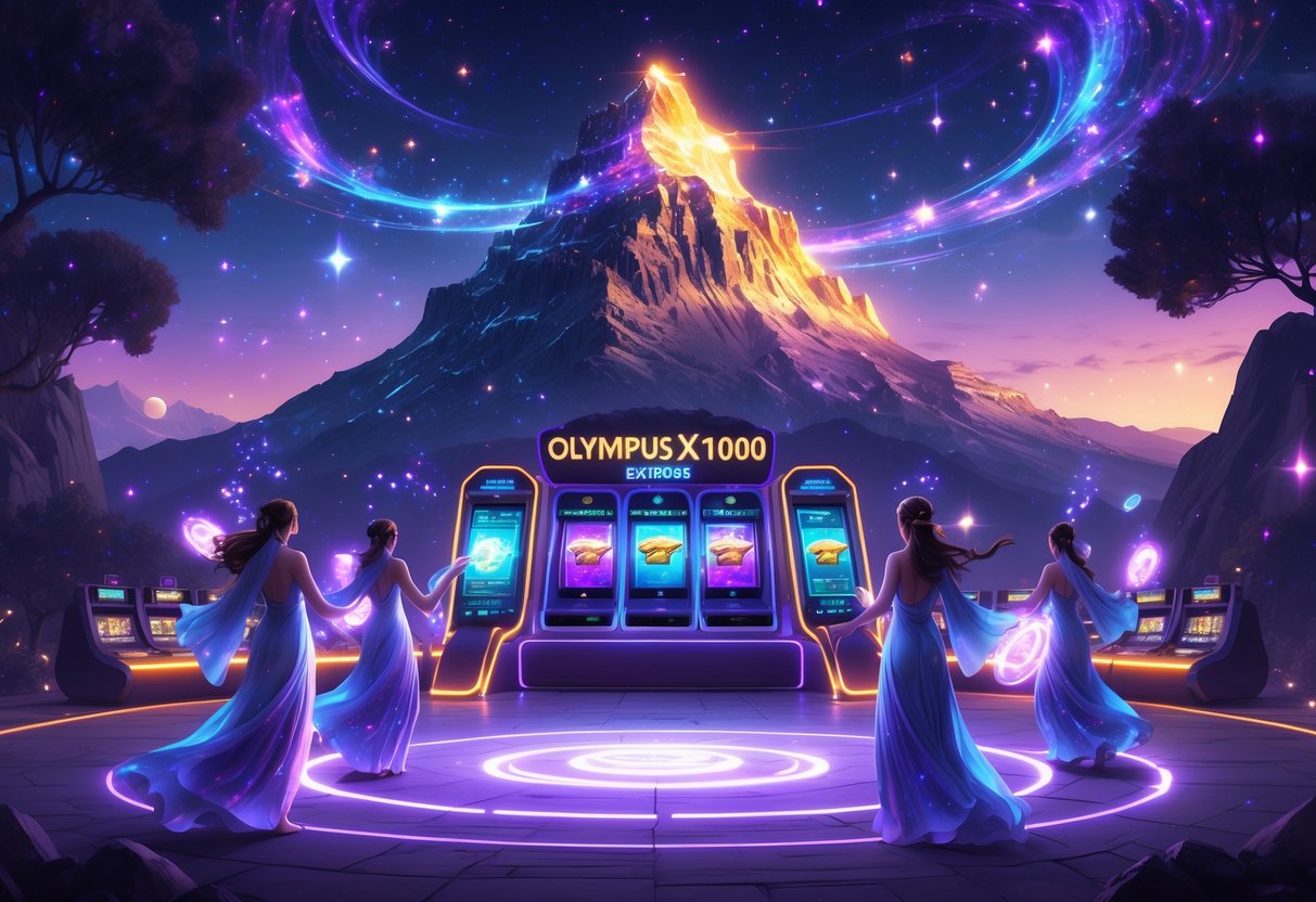 Pemandangan gunung megah dengan arena permainan bercahaya di bawah langit senja penuh bintang, menampilkan sosok-sosok berbusana elegan yang sedang bermain olahraga dan mesin slot futuristik di sekitarnya.