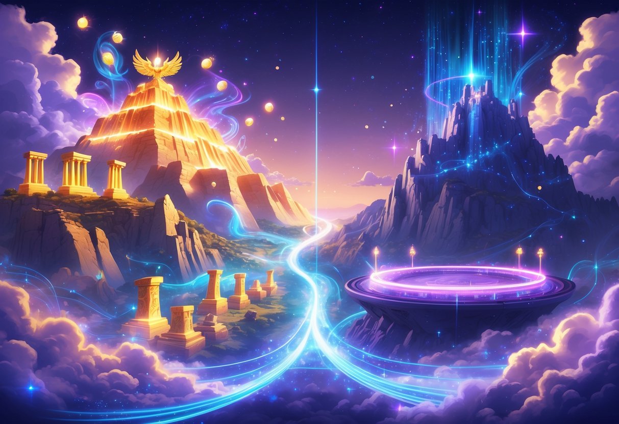 Pemandangan dua dunia permainan fantastis yang terhubung oleh jembatan cahaya, satu dengan kuil-kuil berkilau di gunung Olympus dan satu lagi arena olahraga futuristik dengan cahaya neon, dikelilingi oleh makhluk mitos dan energi magis.