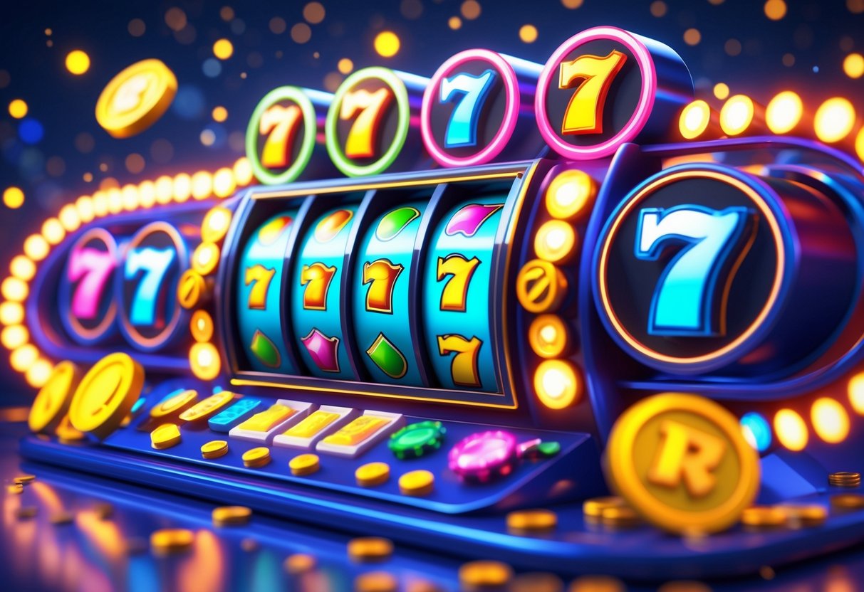 Adegan mesin slot berwarna-warni dengan simbol berkilau dan pola scatter beruntun yang menyala, dikelilingi oleh koin yang berjatuhan.