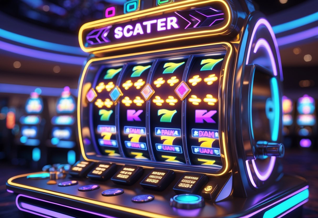 Mesin slot futuristik dengan simbol scatter beruntun yang menyala dalam suasana kasino modern.