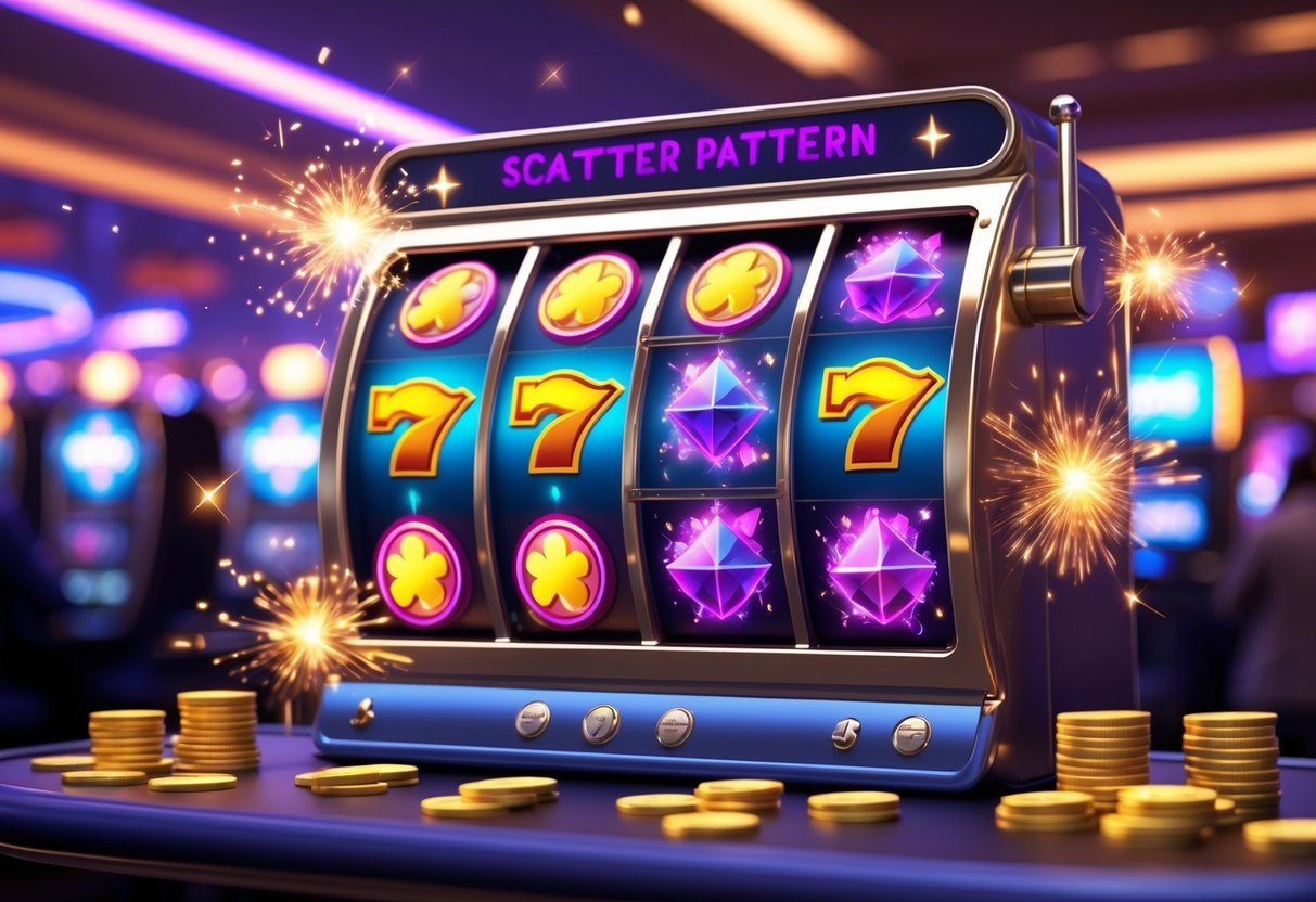 Mesin slot 3D dengan simbol scatter berwarna cerah yang tersusun berurutan, dikelilingi oleh cahaya dan koin yang berjatuhan di latar kasino yang ramai.