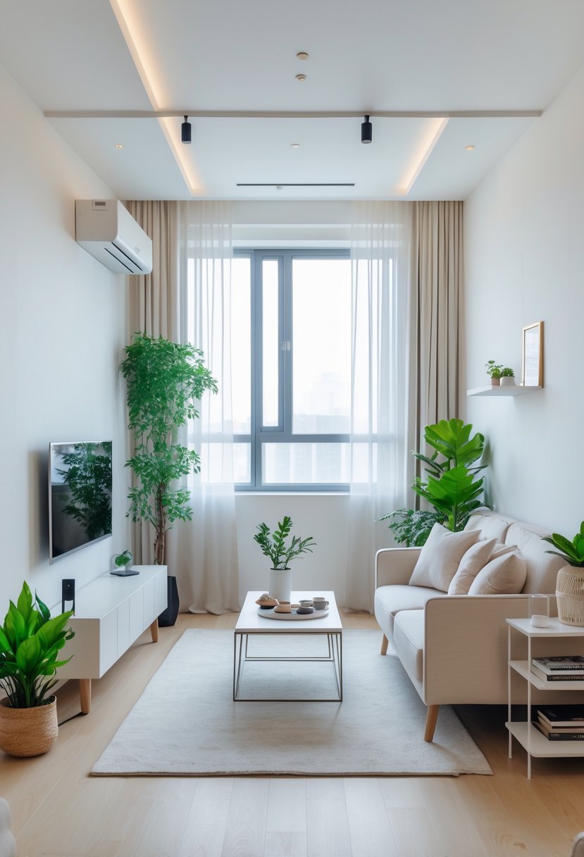 Small Apartment Living Room Ideas 2026: 22 Smart Ways To Maximize Space 2 A small apartment living room with a sofa, coffee table, large windows, plants, and a television.