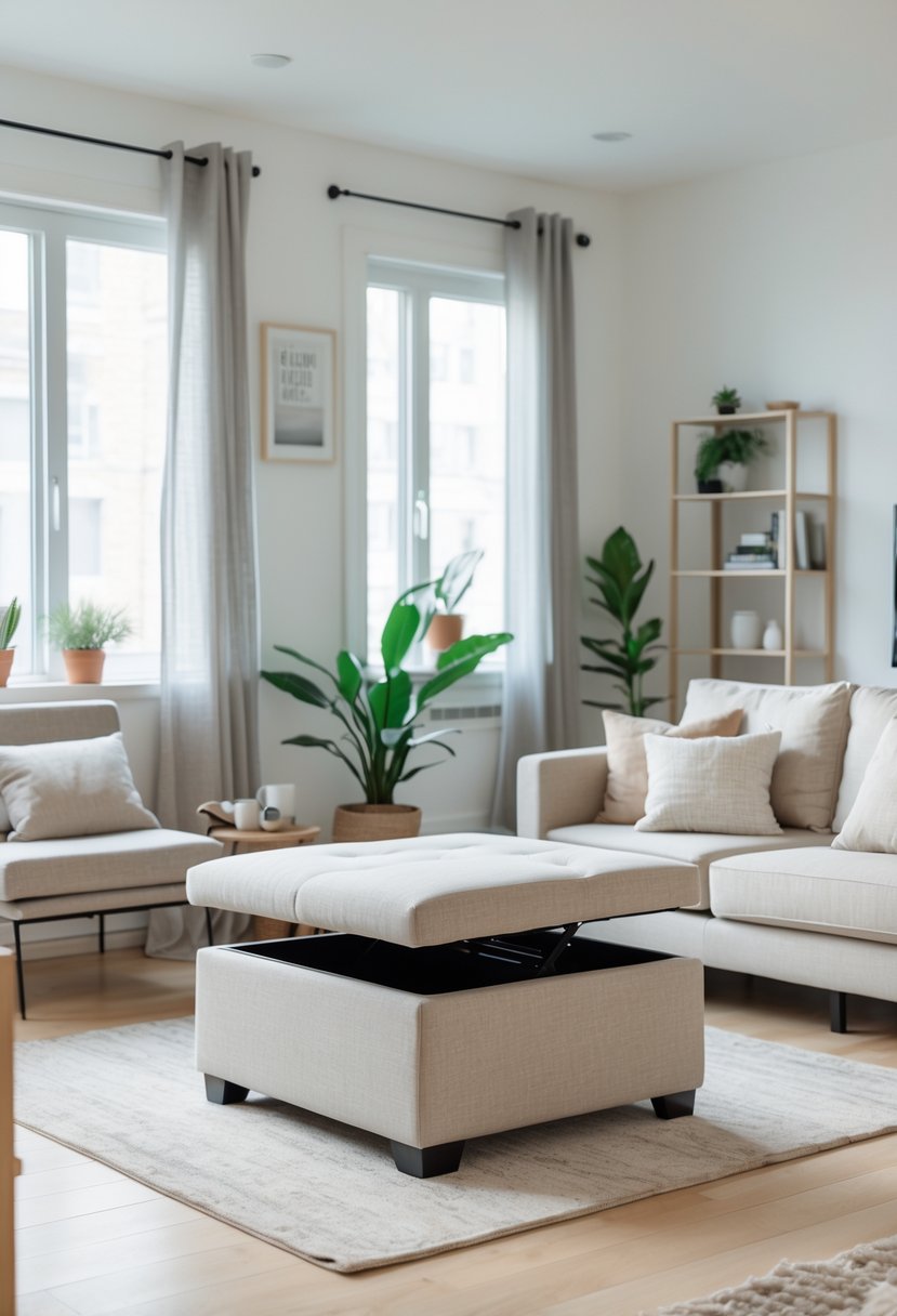 Small Apartment Living Room Ideas 2026: 22 Smart Ways To Maximize Space 3 Small apartment living room with a storage ottoman used as a coffee table, a compact sofa, and natural light coming through large windows.