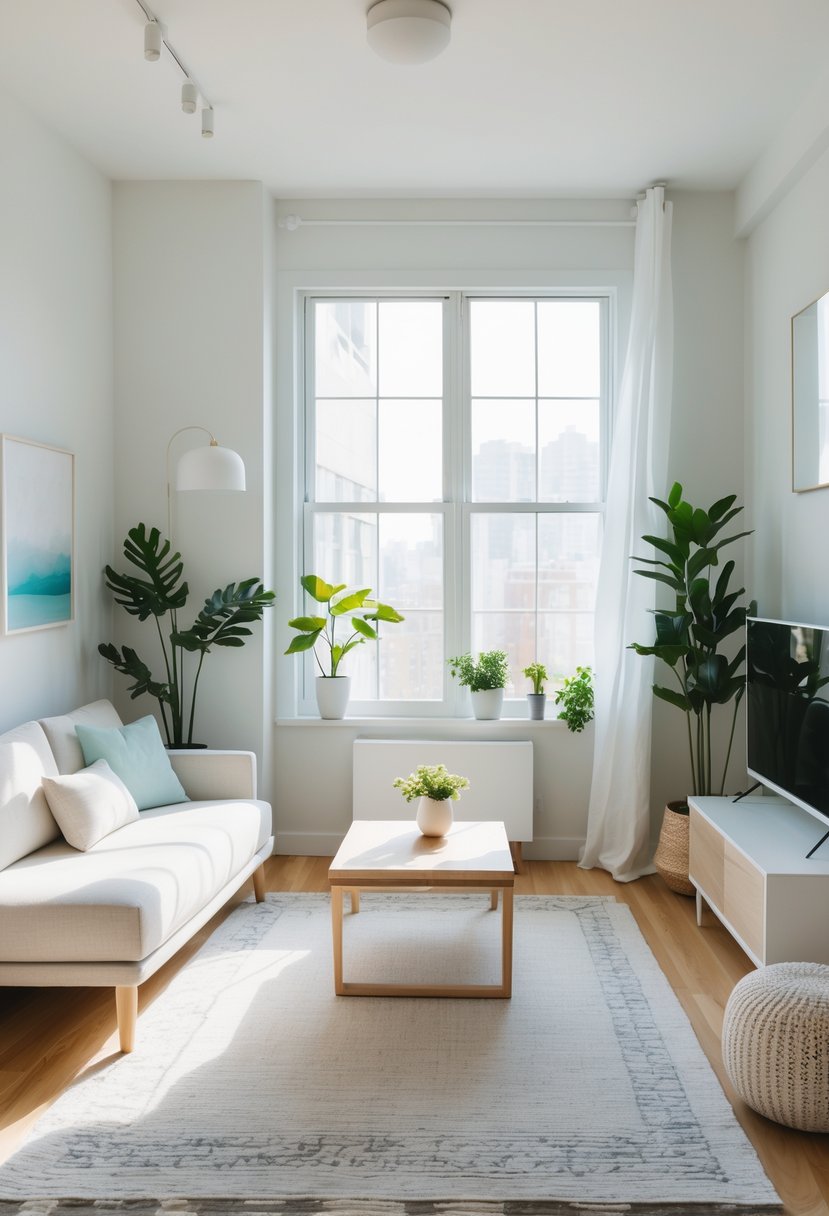 Small Apartment Living Room Ideas 2026: 22 Smart Ways To Maximize Space 5 Small apartment living room with a light color palette, featuring a sofa, coffee table, plants, and large windows letting in natural light.