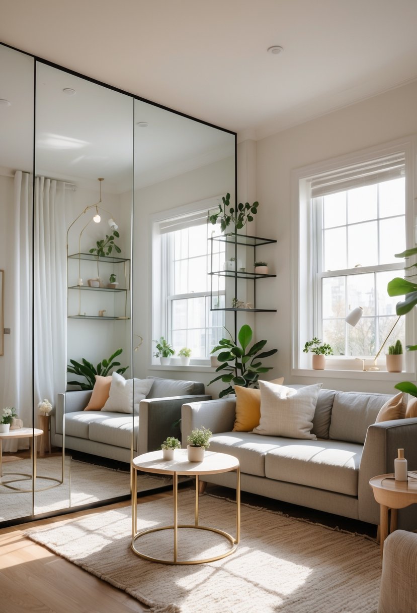 Small Apartment Living Room Ideas 2026: 22 Smart Ways To Maximize Space 6 Small apartment living room with a sofa, coffee table, and large mirrors on the walls reflecting light to create a sense of spaciousness.