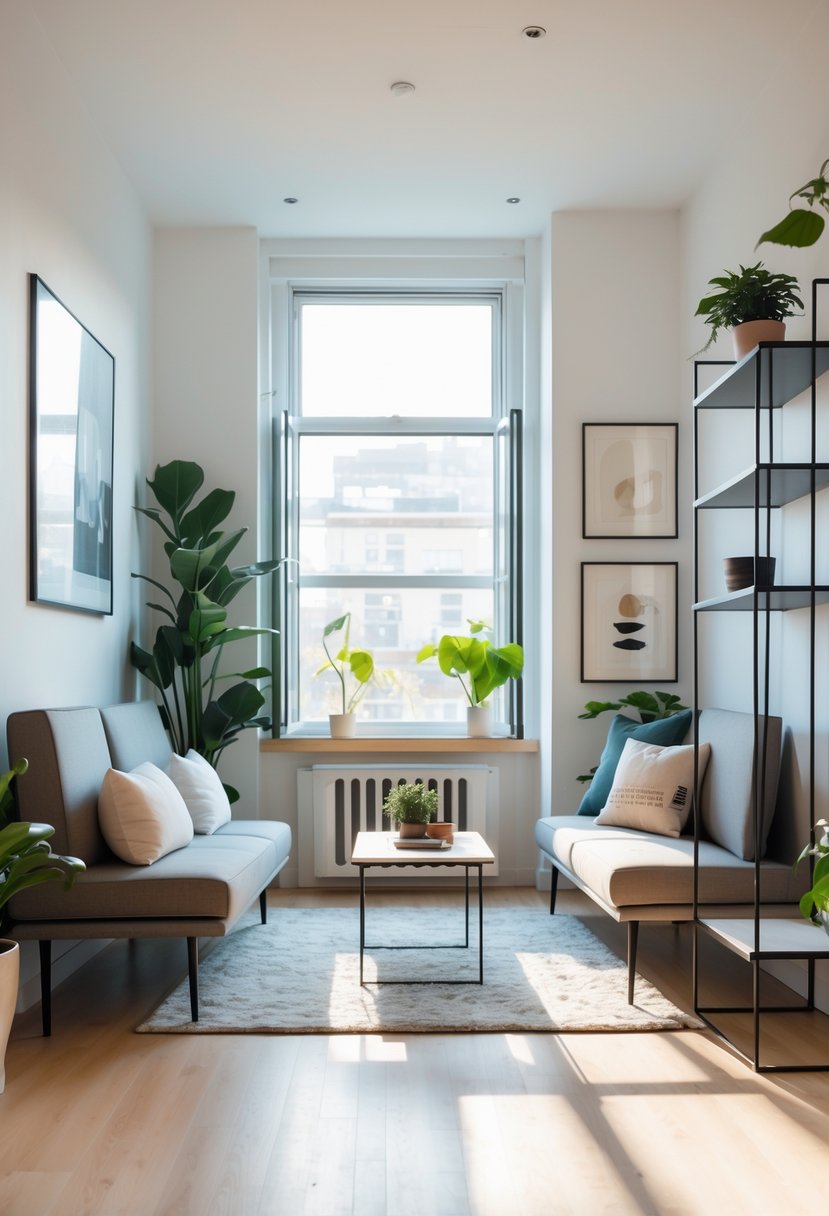 Small Apartment Living Room Ideas 2026: 22 Smart Ways To Maximize Space 7 A small living room with slim furniture, large windows, plants, and an uncluttered floor.