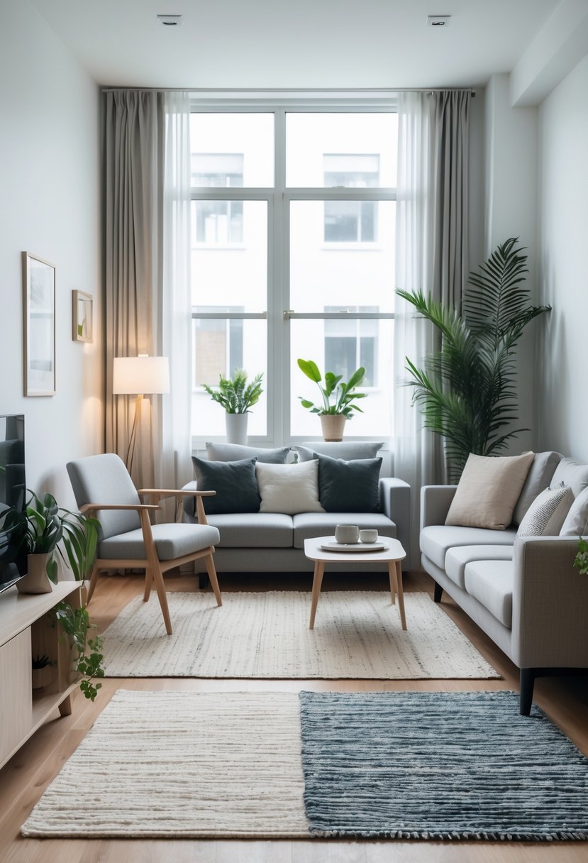 Small Apartment Living Room Ideas 2026: 22 Smart Ways To Maximize Space 8 Small apartment living room with separate seating and dining areas defined by different area rugs, featuring a sofa, coffee table, dining table, and natural light.