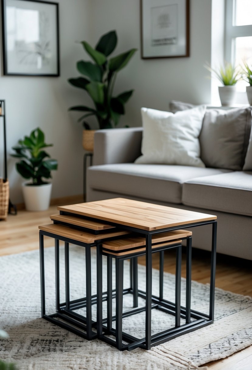 Small Apartment Living Room Ideas 2026: 22 Smart Ways To Maximize Space 11 A small apartment living room with a sofa and a set of nesting tables arranged in front of it, with plants and artwork in the background.