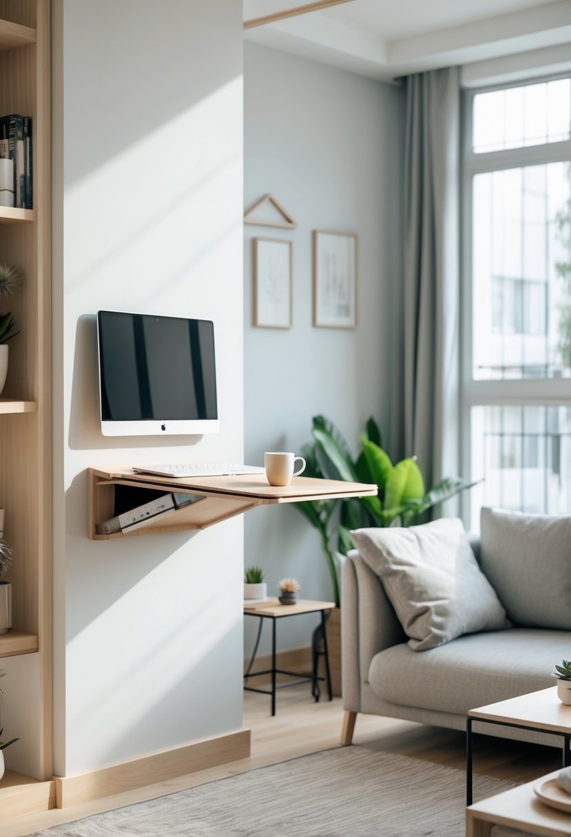 Small Apartment Living Room Ideas 2026: 22 Smart Ways To Maximize Space 12 Small apartment living room with a fold-away desk partially extended, a sofa, coffee table, and plants in a bright, organized space.
