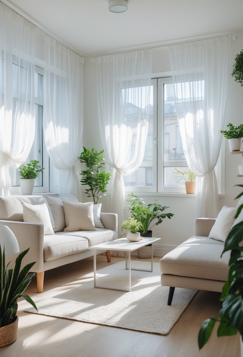 Small Apartment Living Room Ideas 2026: 22 Smart Ways To Maximize Space 13 A small apartment living room with large windows covered by sheer curtains letting in natural light, a sofa, coffee table, and indoor plants.