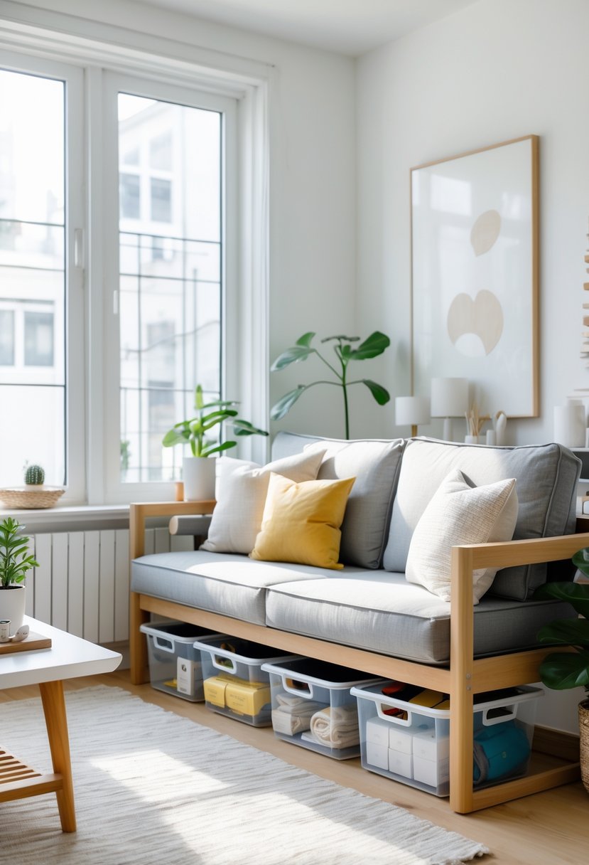 Small Apartment Living Room Ideas 2026: 22 Smart Ways To Maximize Space 14 A small living room with a sofa and clear storage bins neatly placed underneath for hidden organization.