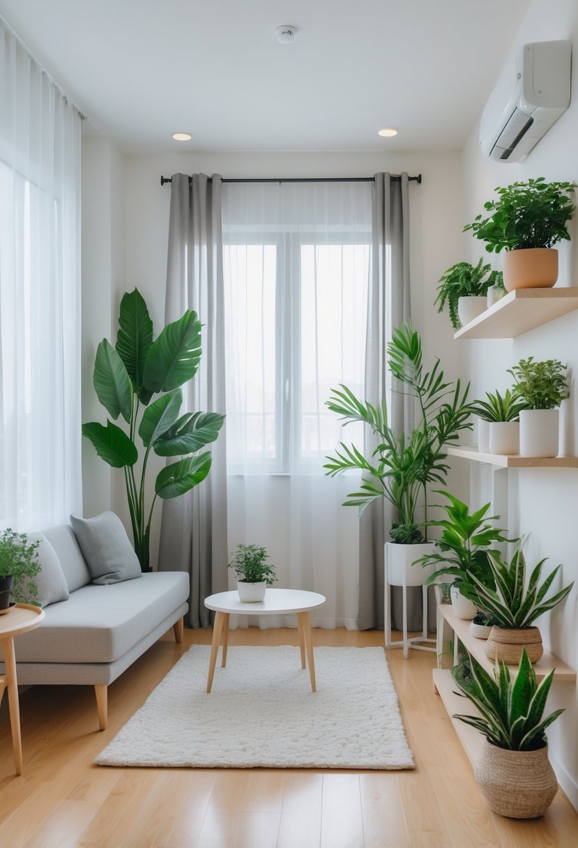 Small Apartment Living Room Ideas 2026: 22 Smart Ways To Maximize Space 15 A small apartment living room with a sofa, coffee table, and several green plants placed around the space.