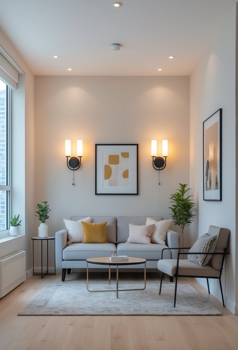 Small Apartment Living Room Ideas 2026: 22 Smart Ways To Maximize Space 16 A small apartment living room with wall-mounted lighting fixtures above a sofa, natural light from windows, minimalist furniture, and a cozy atmosphere.