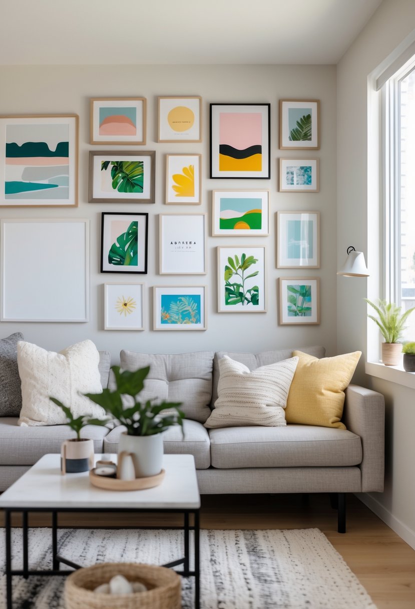Small Apartment Living Room Ideas 2026: 22 Smart Ways To Maximize Space 17 Small apartment living room with a gallery wall of small picture frames above a sofa and a coffee table.