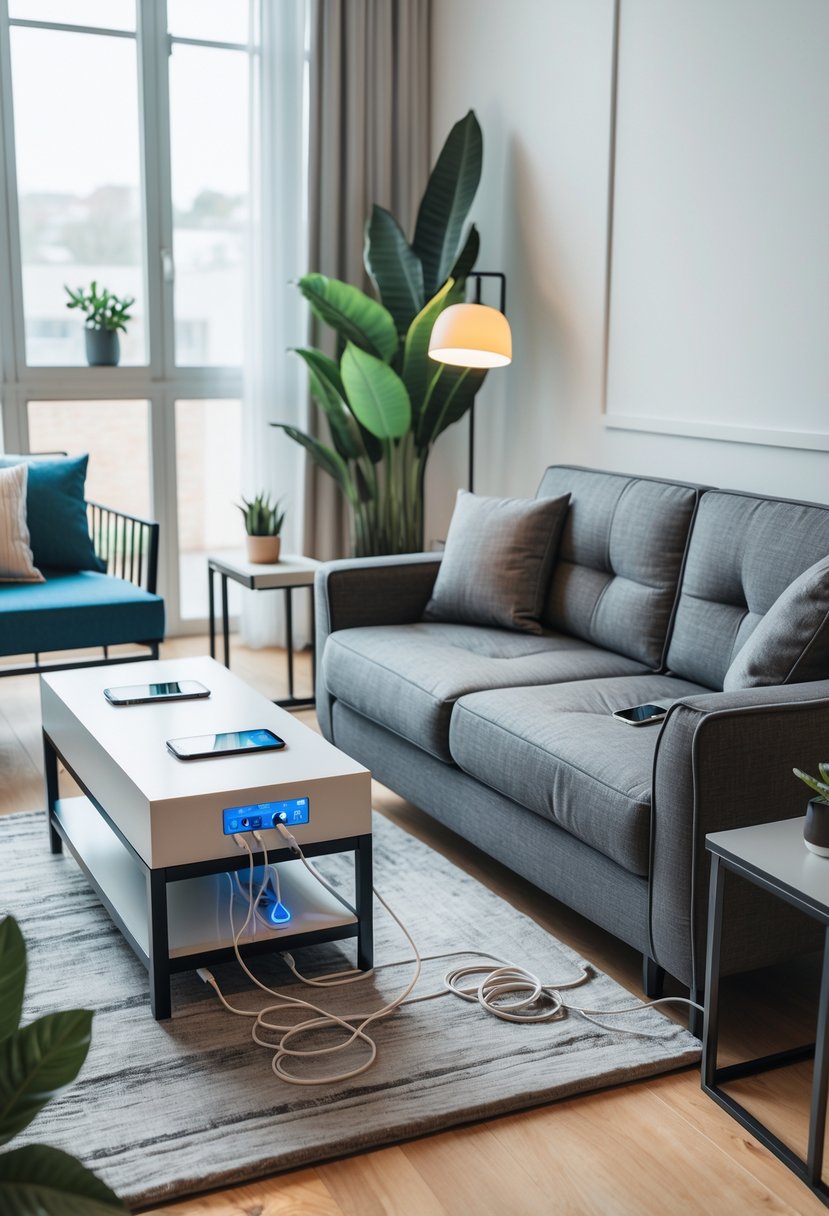 Small Apartment Living Room Ideas 2026: 22 Smart Ways To Maximize Space 18 A small apartment living room with furniture that has built-in charging ports, including a sofa, coffee table, and side table, with natural light and plants.