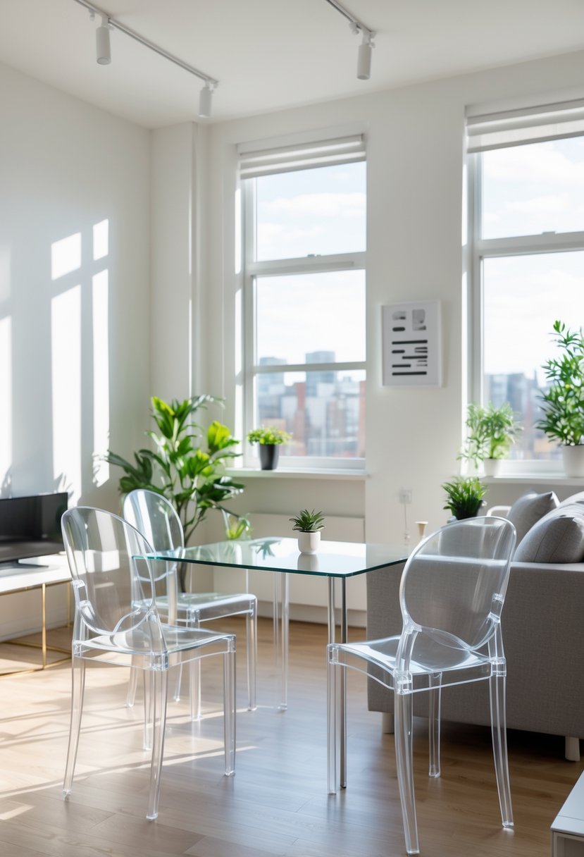 Small Apartment Living Room Ideas 2026: 22 Smart Ways To Maximize Space 19 A small apartment living room with clear acrylic chairs around a dining table, a compact sofa, coffee table, and potted plants near large windows.