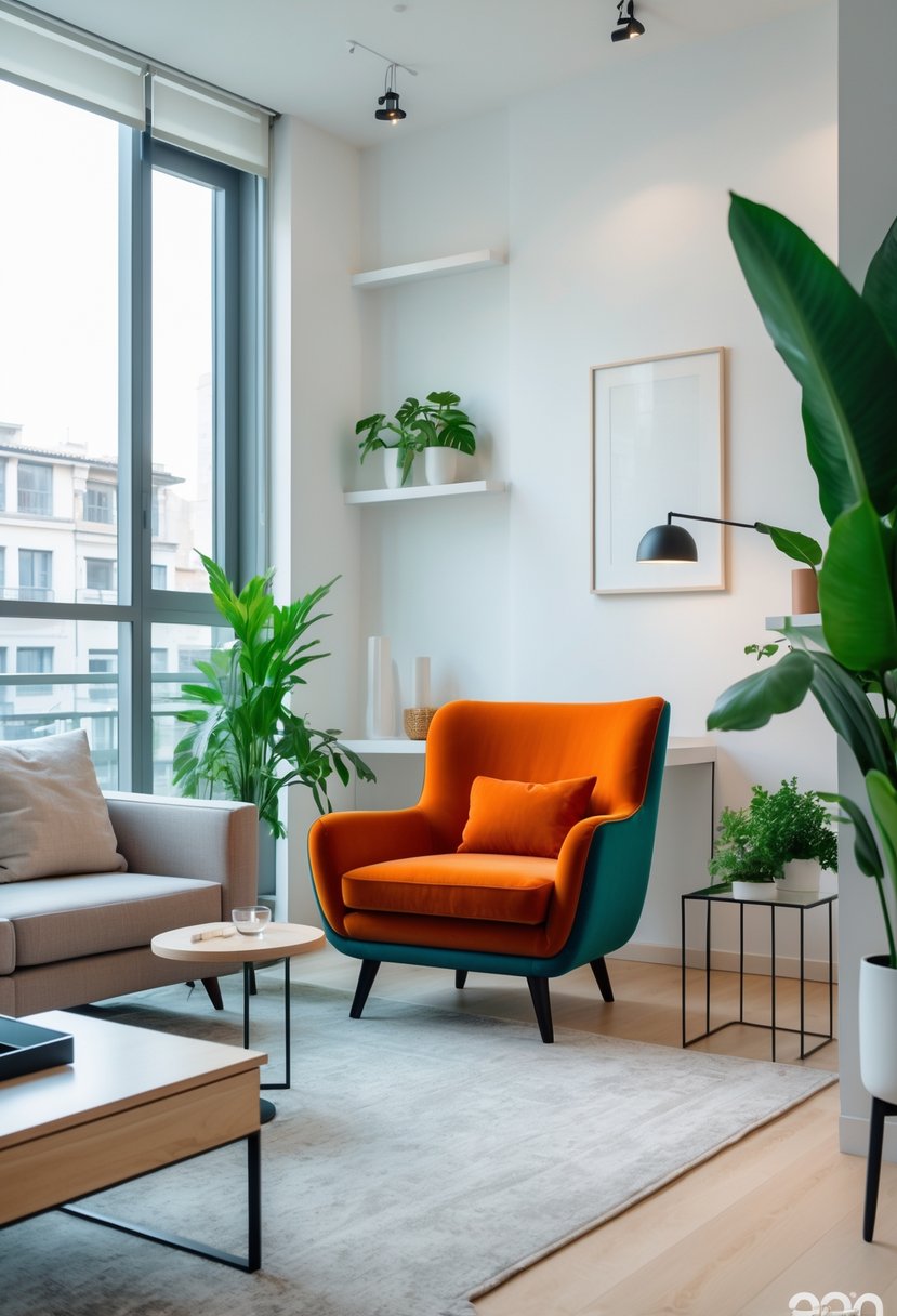 Small Apartment Living Room Ideas 2026: 22 Smart Ways To Maximize Space 20 A small apartment living room with a colorful armchair, a sofa, coffee table, plants, and natural light coming through large windows.
