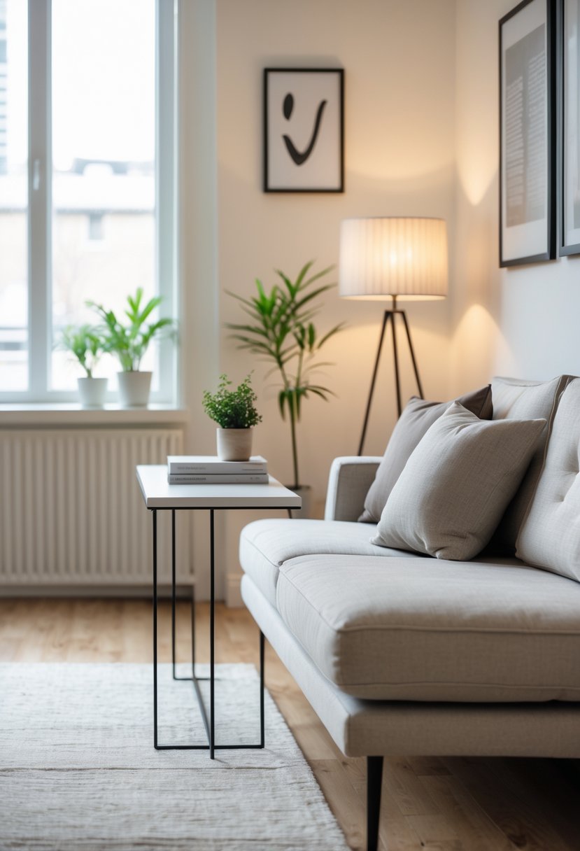 Small Apartment Living Room Ideas 2026: 22 Smart Ways To Maximize Space 21 A small apartment living room with a slim console table behind a sofa, decorated with plants and books, with natural light coming through a window.